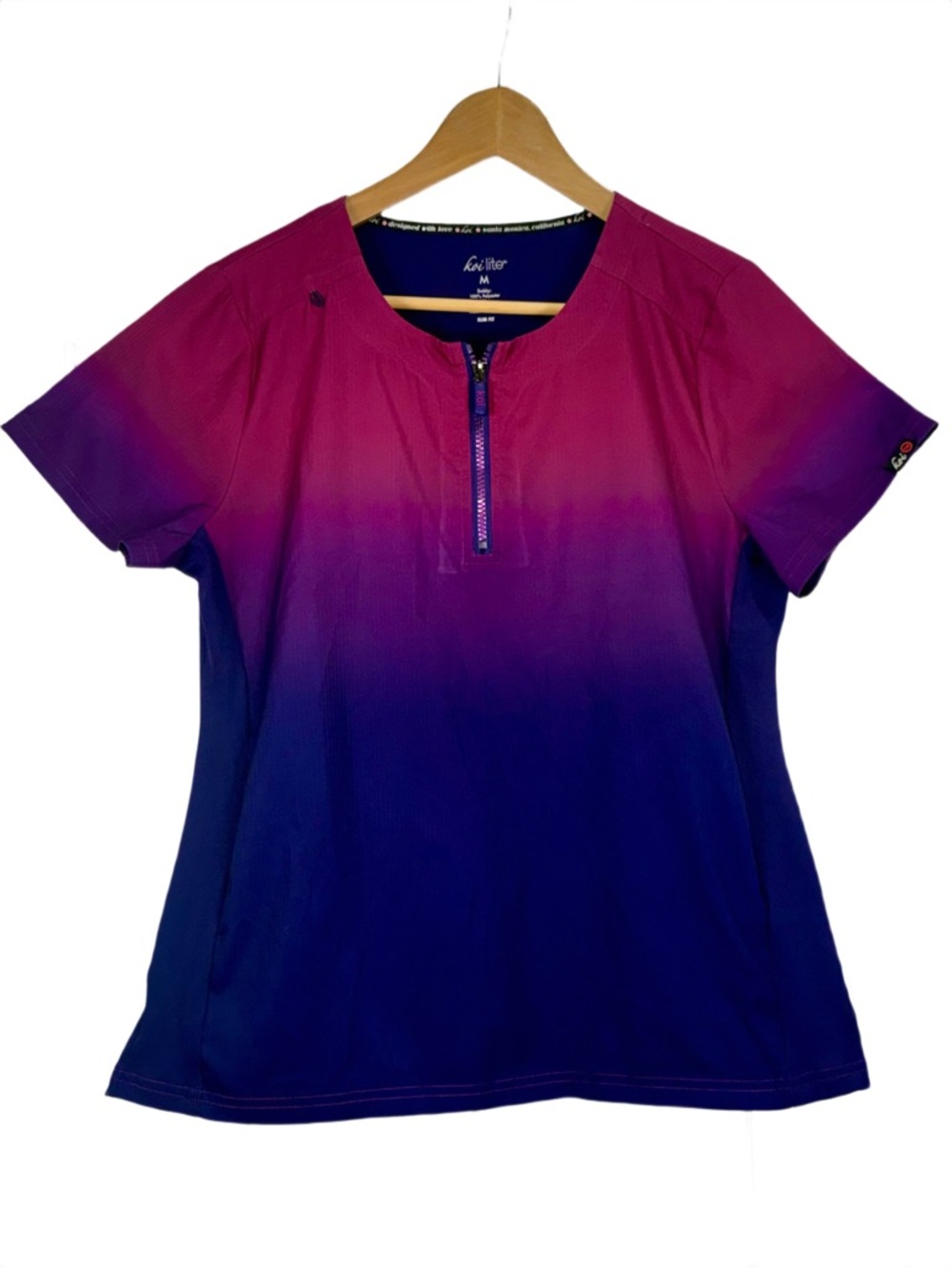 Koi Lite Woman’s Scrub Top Medium Pockets Ombré Pink to Purple 1/4 Zip